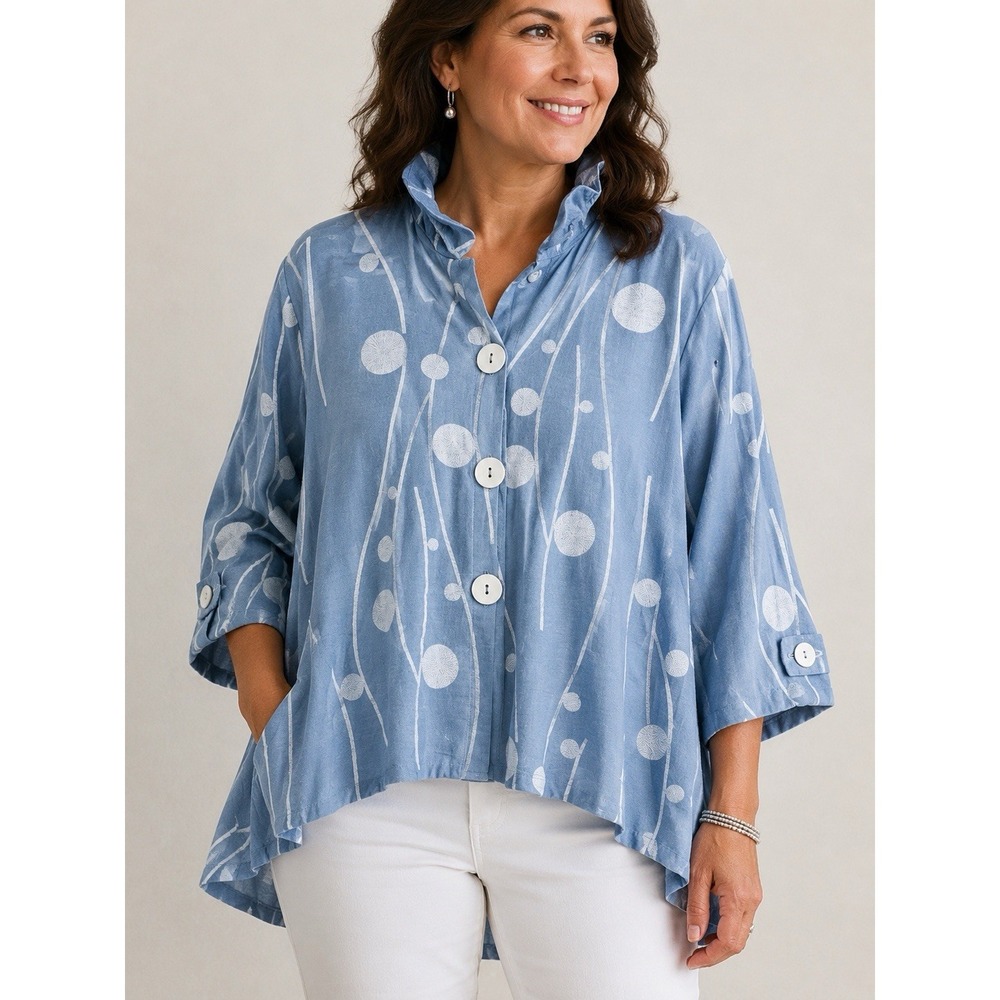 Creation 1X Blue Art To Wear Swing Jacket Lagenlook Abstract Lightweight